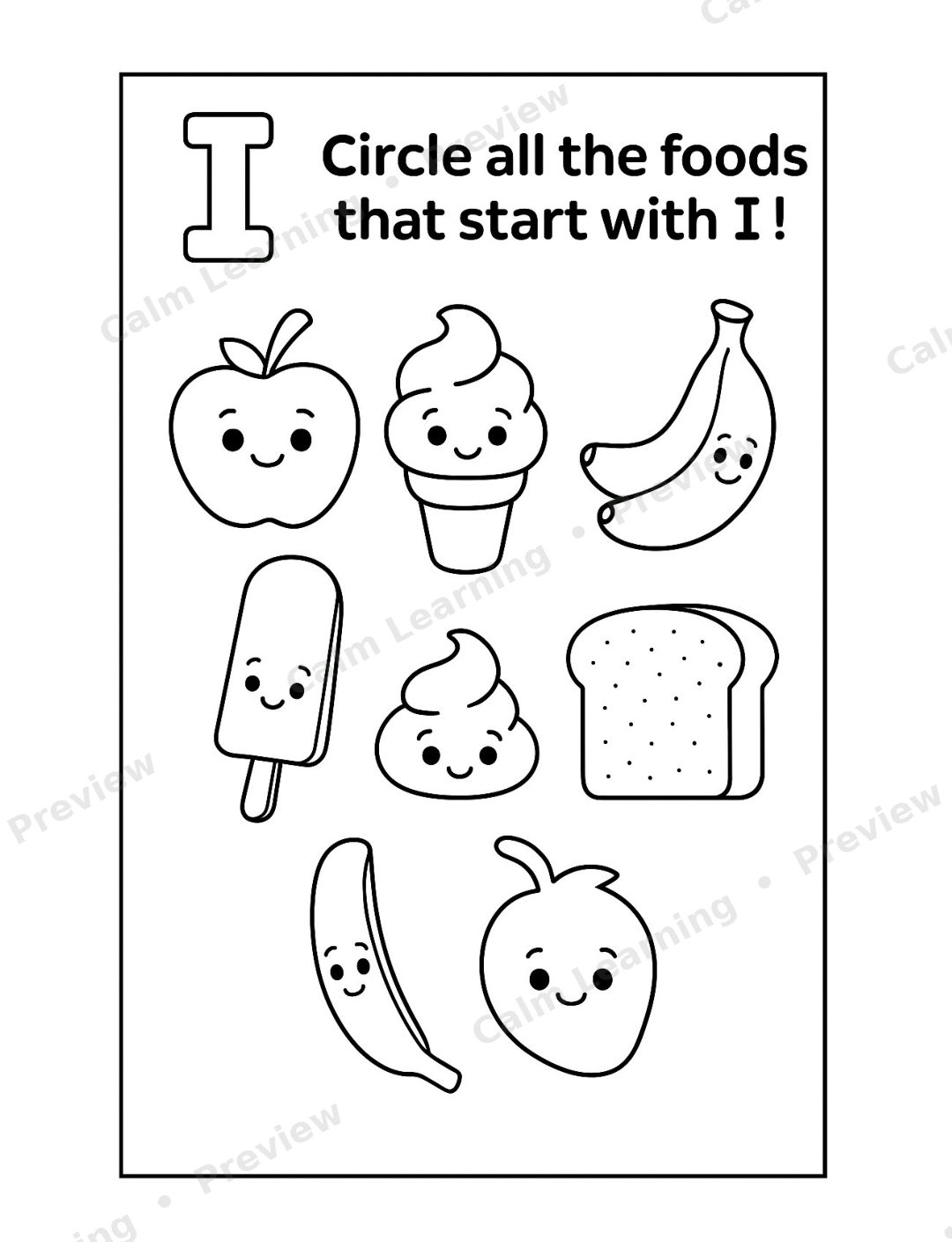 Alphabet Food A to Z Coloring Book preview page 3