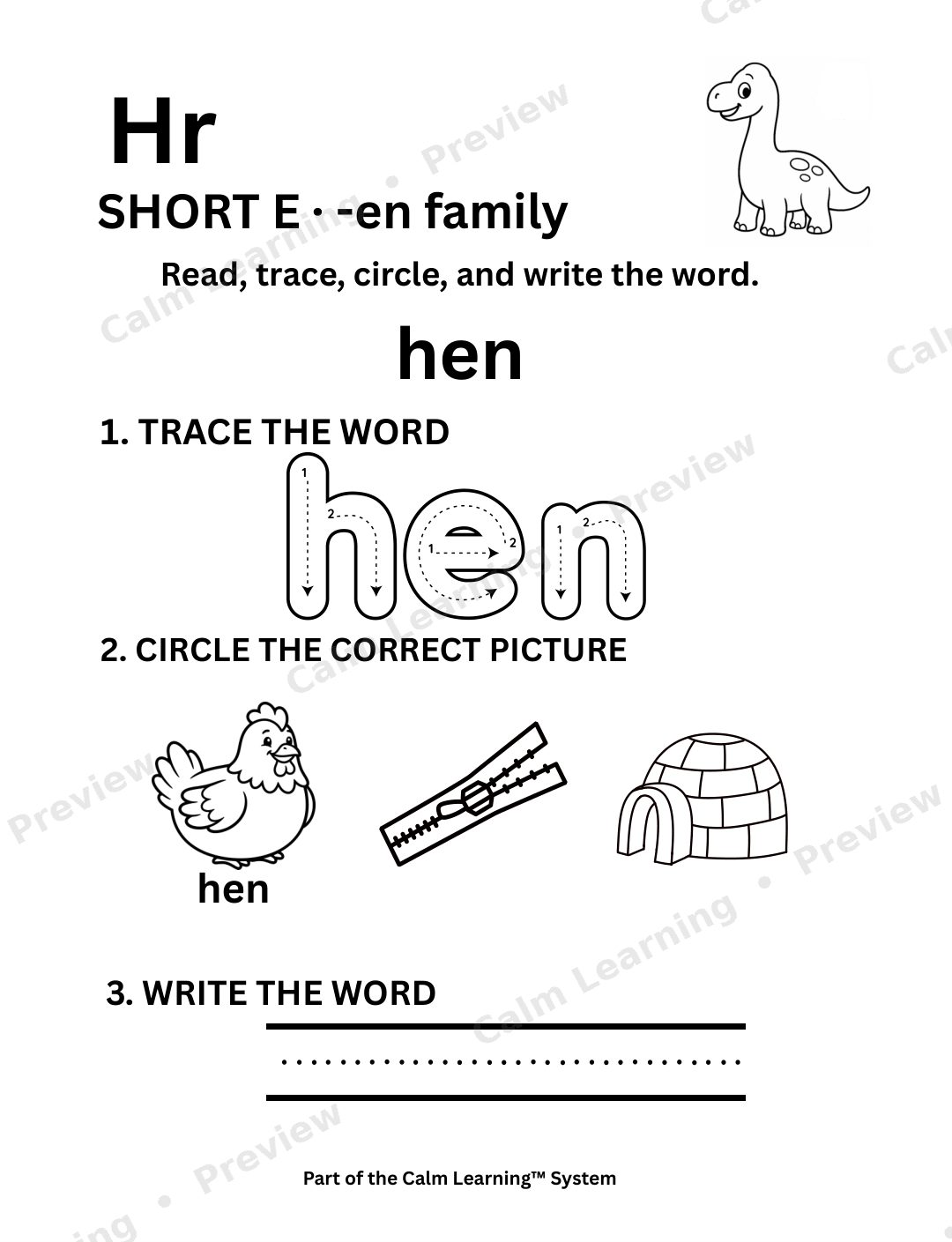Dino CVC Short E Words preview page 1