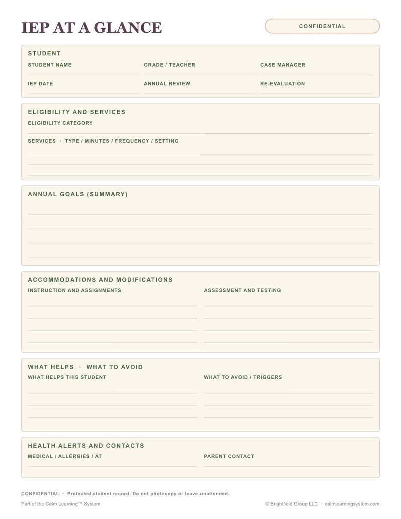 FREE IEP at a Glance preview page 1